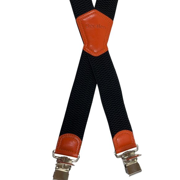 Decalen Mens Black Adjustable X-Back Suspenders With Orange Leather Accents 30k - Picture 4 of 7